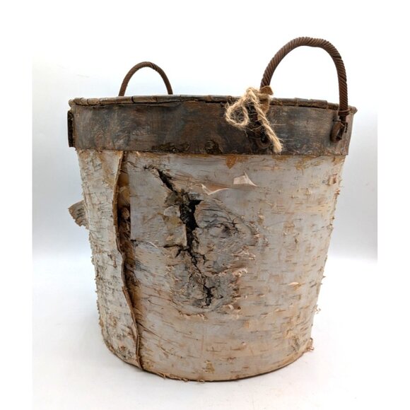 Vintage White Birch Bark Waste Basket with Handles Lined Distressed Planter 9x10 - Picture 1 of 12